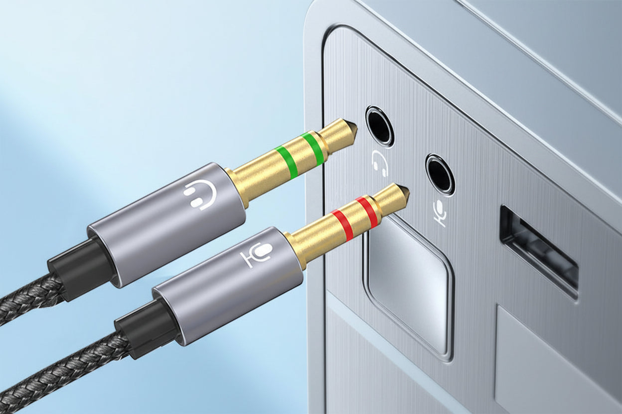 Two audio cables with 3.5mm plugs being inserted into a device's audio port.
