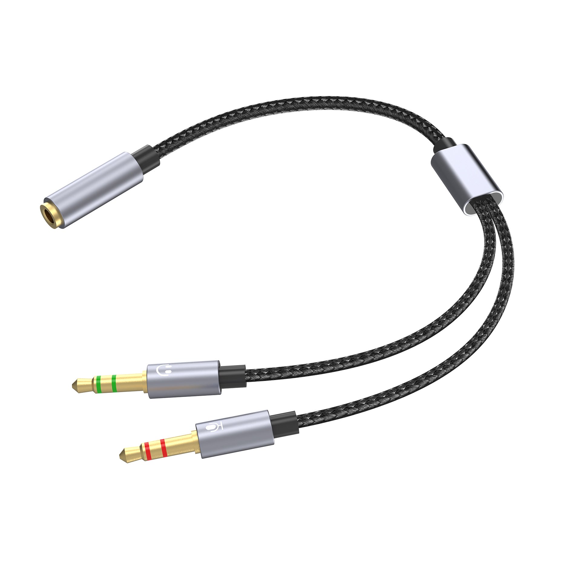 Audio cable with three connectors on a white background