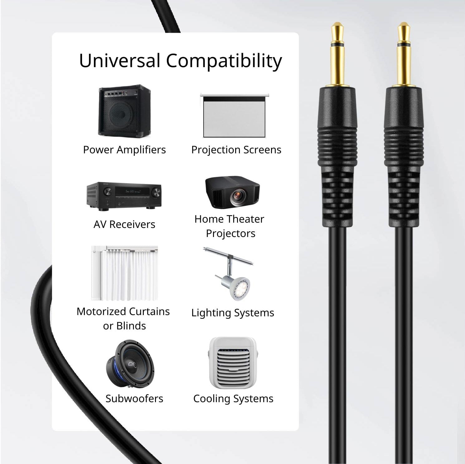 Cable with audio connectors and compatibility icons for home theater equipment on a white background