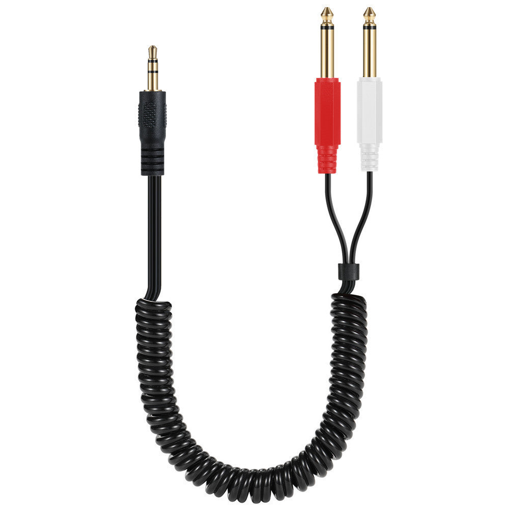 A black spiral cable with one end featuring a 3.5mm TRS male connector and the other end a dual 1/4 inch 6.