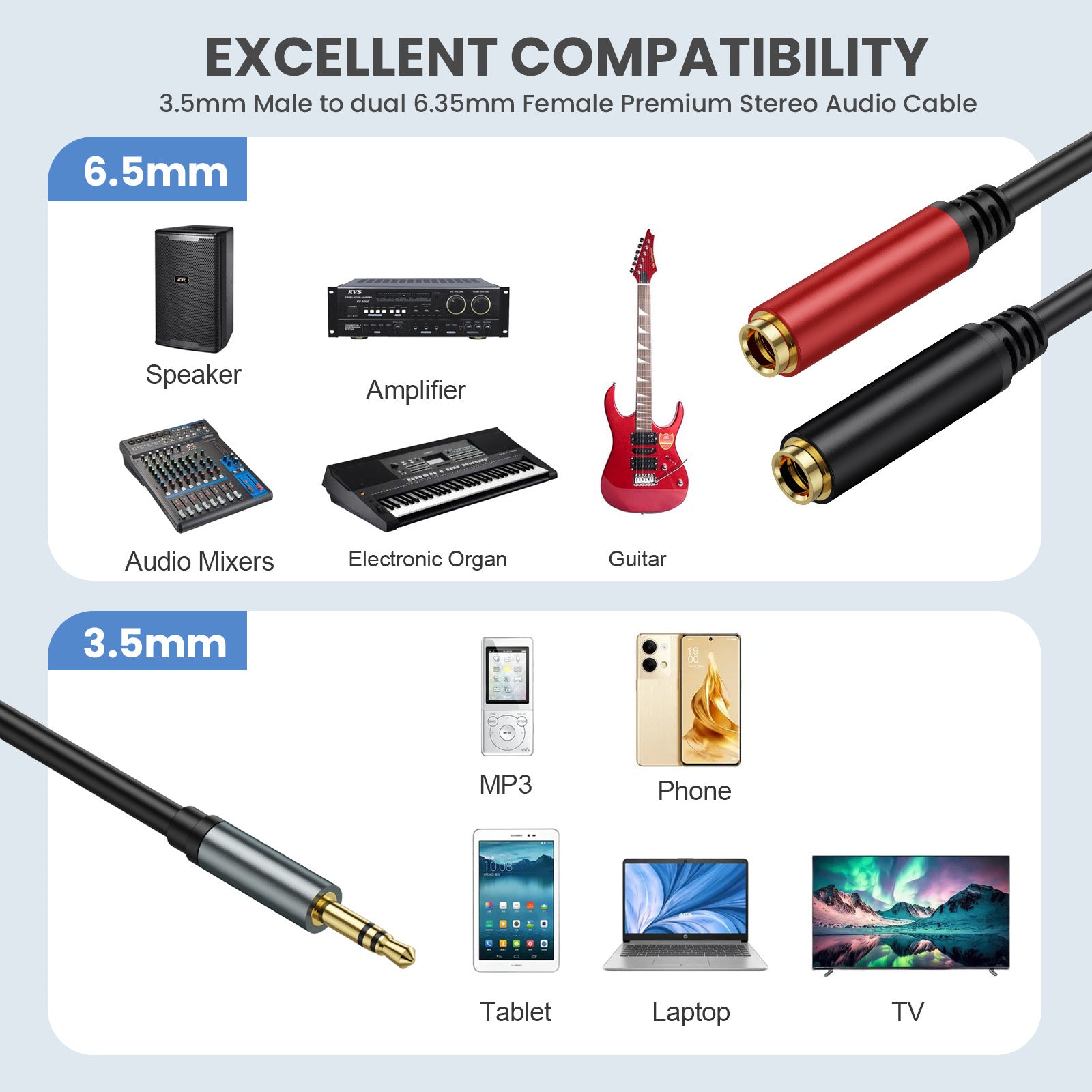 3.5mm to dual 6.35mm Y splitter cable