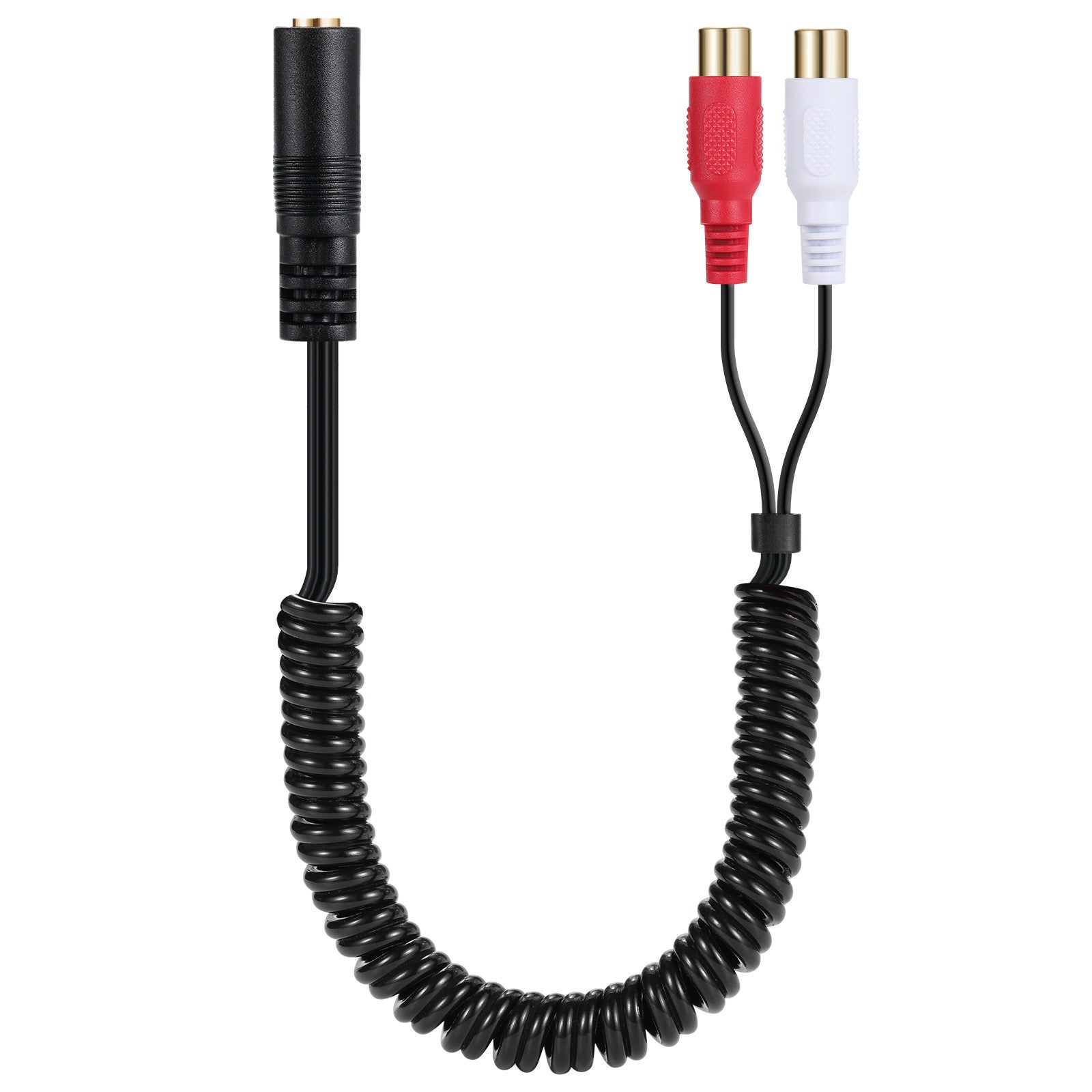 3.5mm (Mini) 1/8" TRS Stereo Female to Dual RCA Female Y Splitter Spiral Cable with black connectors and a gold-plated spiral cable.