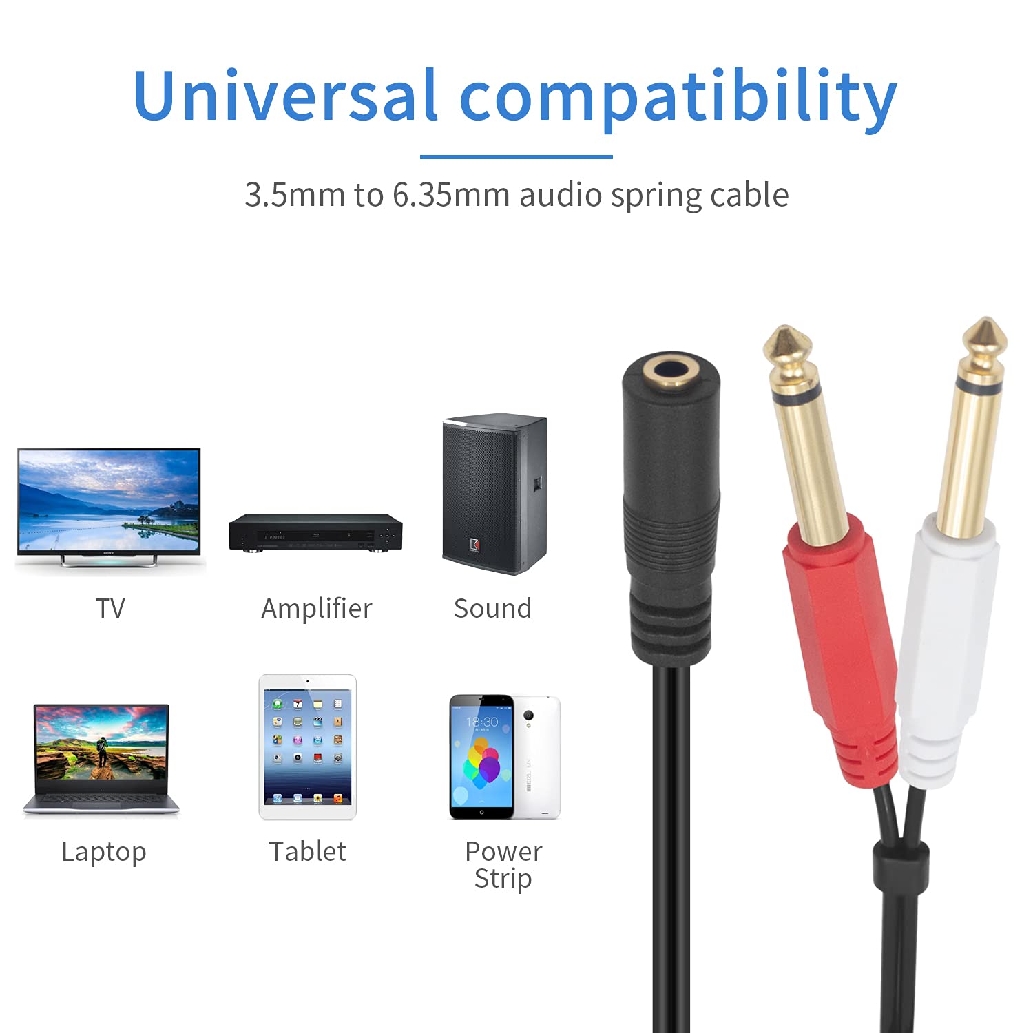 3.5mm (Mini) 1/8" TRS Stereo Female to Dual 1/4 Inch 6.35mm Mono TS Male Y Splitter Spiral Cable