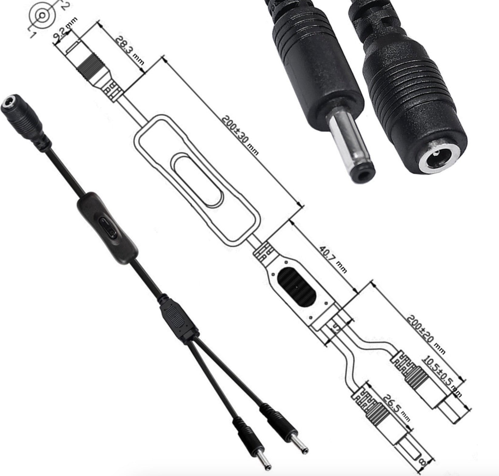 Dual DC male connectors with female input close up
