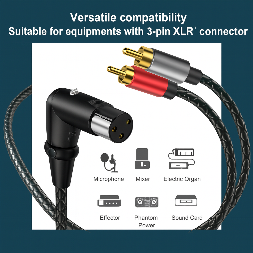 XLR Angled Male to Dual RCA Male Y Splitter Cable – 3 Pin XLR to 2 RCA Stereo Audio Adapter for Mic, Mixer & Amplifier