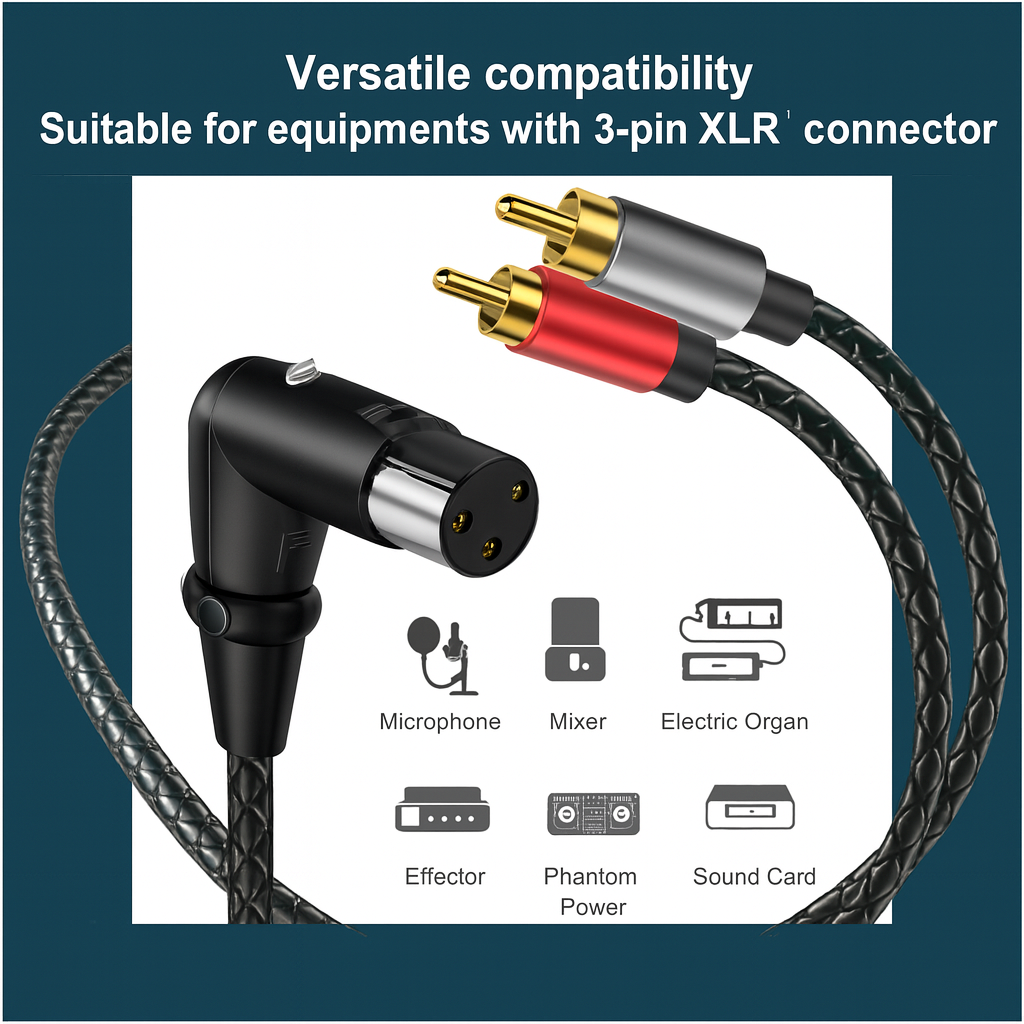 XLR Angled Male to Dual RCA Male Y Splitter Cable – 3 Pin XLR to 2 RCA Stereo Audio Adapter for Mic, Mixer & Amplifier