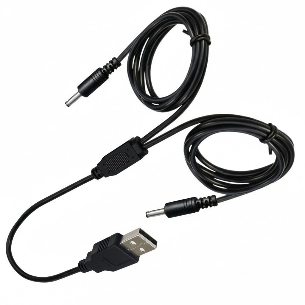 Black USB cable with connectors on a white background