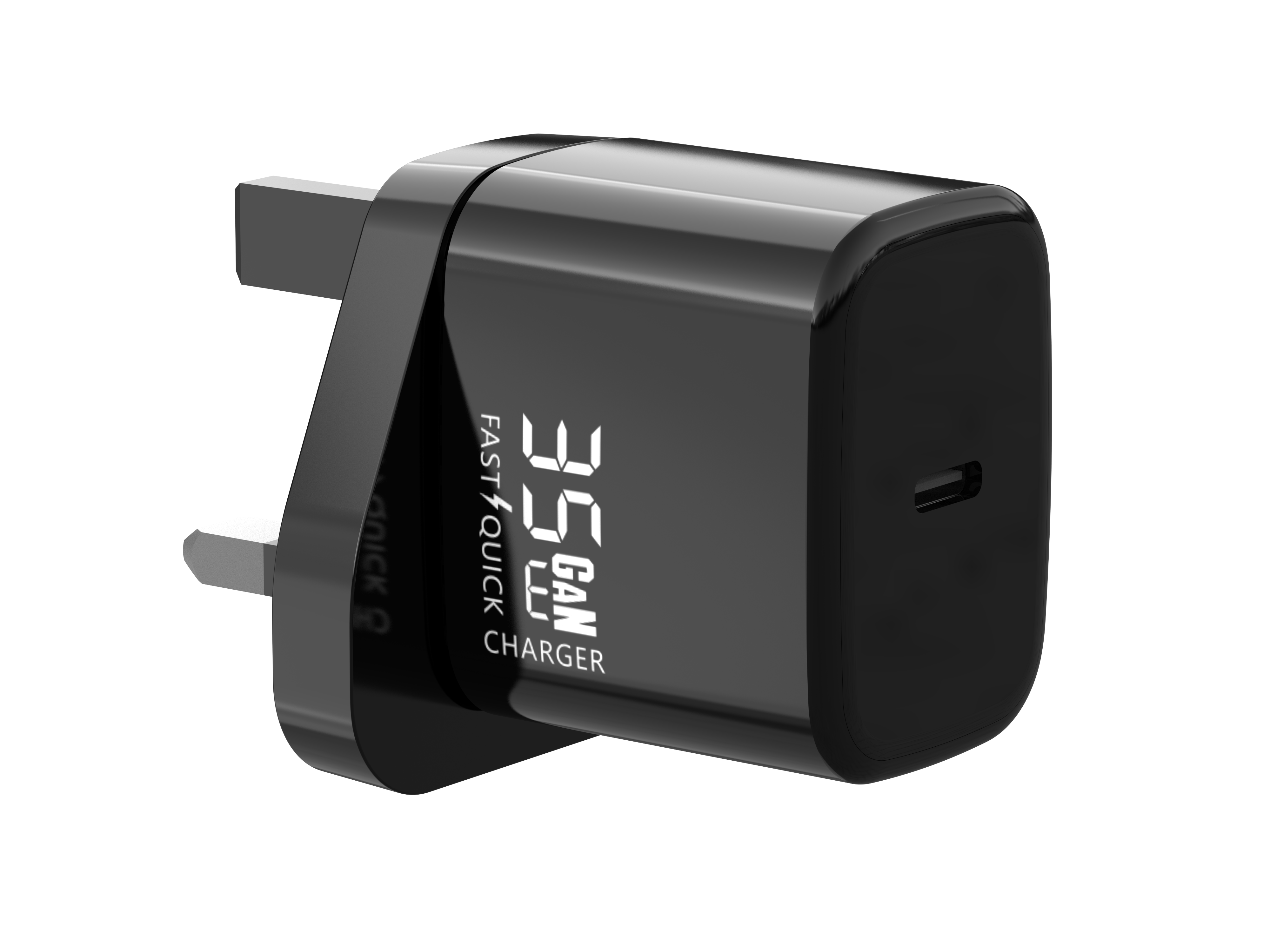 A black 35W single port USB-C PD charger with a digital display showing the charge status.