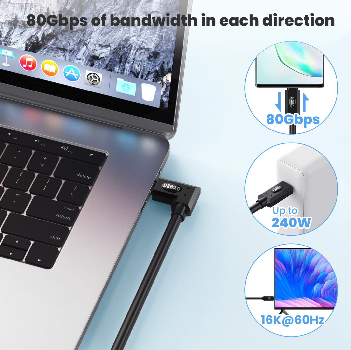 USB-C Angled Extension Cable | 80Gbps, 240W, 16K Display – Right/Left Angle
