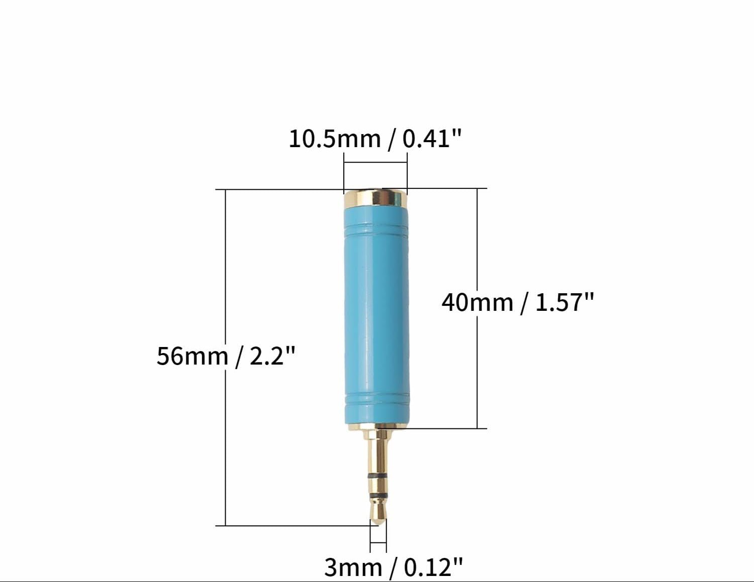 Measurement chart of a blue and gold audio adapter with dimensions labeled.