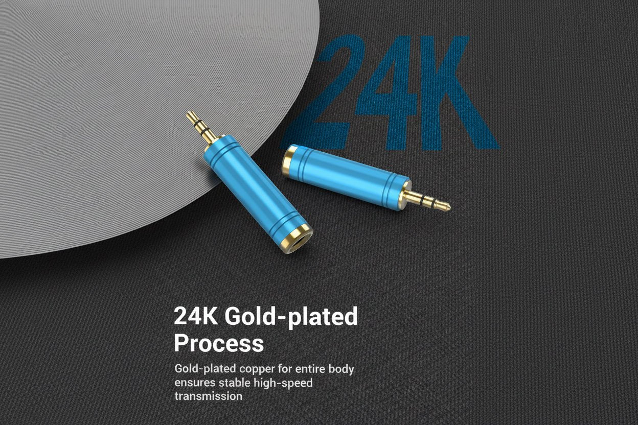 Blue audio connectors with gold plating on a black background, featuring '24K Gold-plated Process' text.