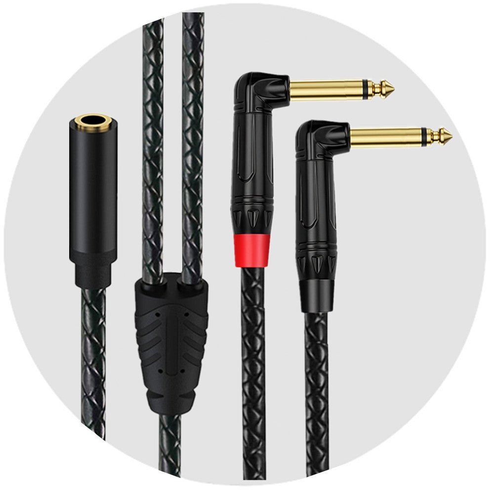 Two audio cables with gold-plated connectors on a white background
