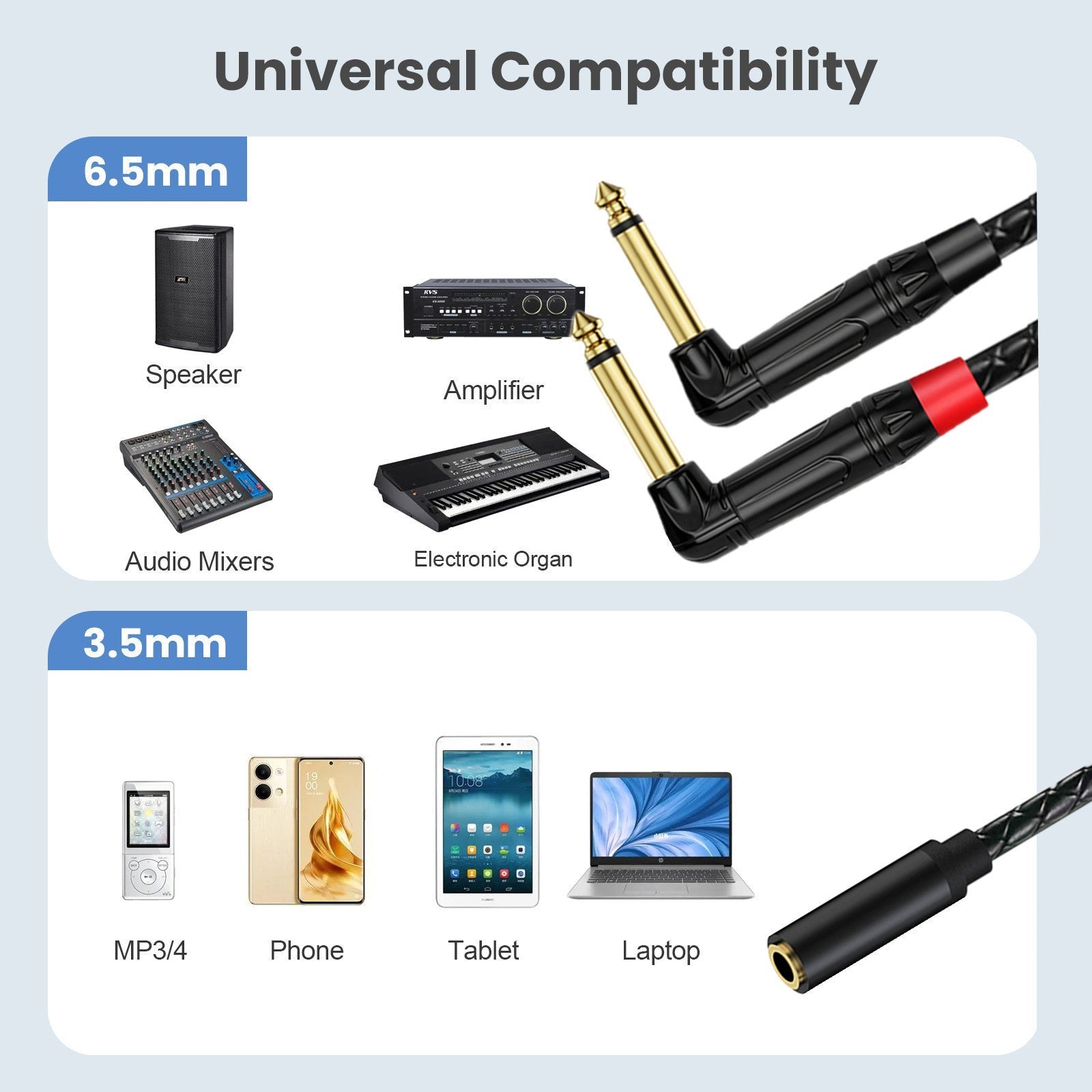 Compatibility chart for 6.5mm and 3.5mm audio connectors with various devices.