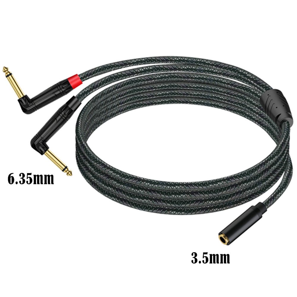 Coiled audio cable with 6.35mm and 3.5mm connectors on a white background