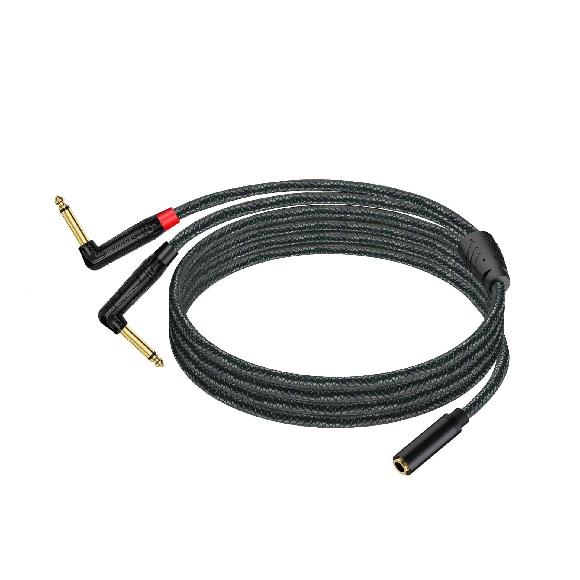 Braided audio cable with gold connectors on a white background