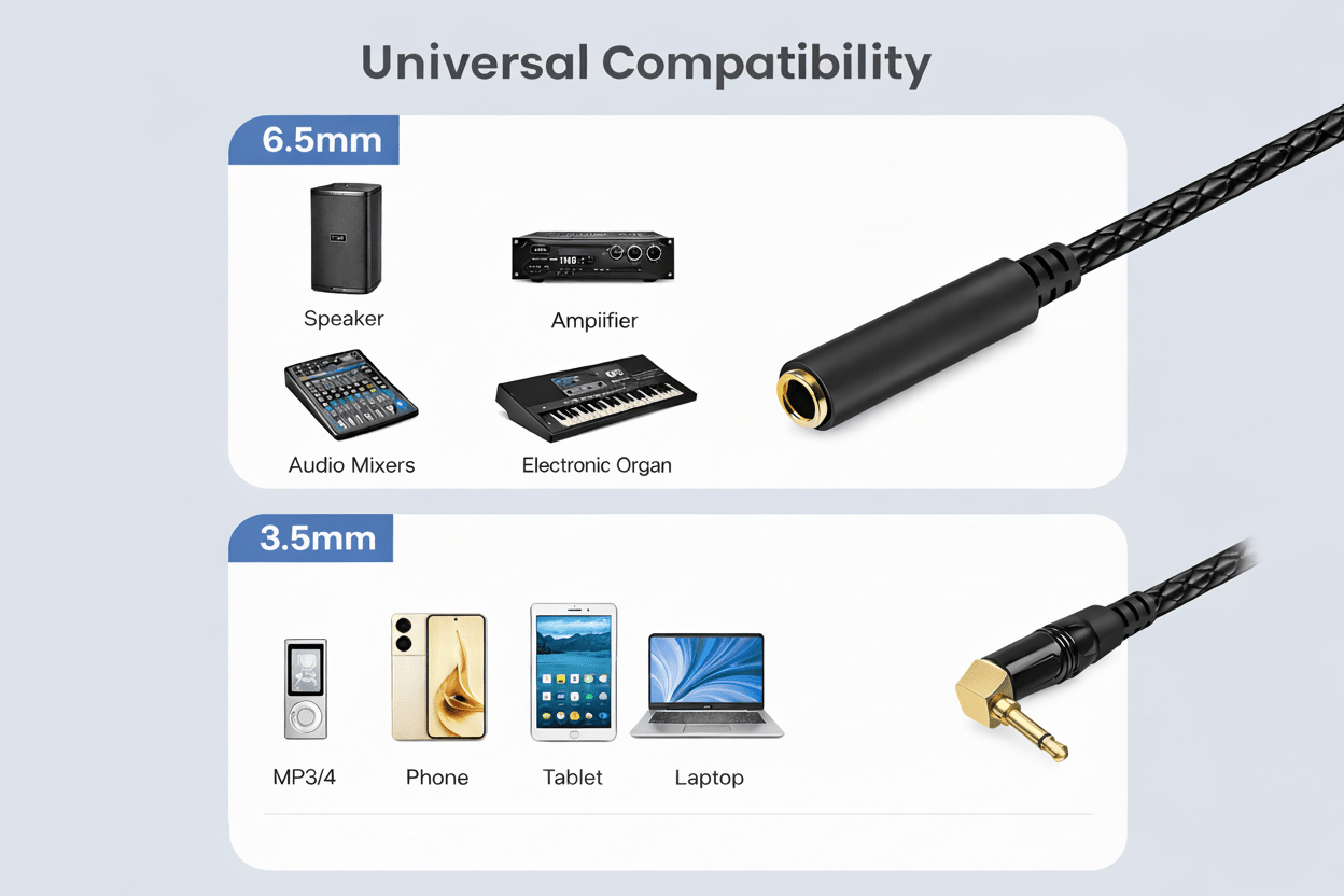 Universal compatibility chart for audio cables with various electronic devices.