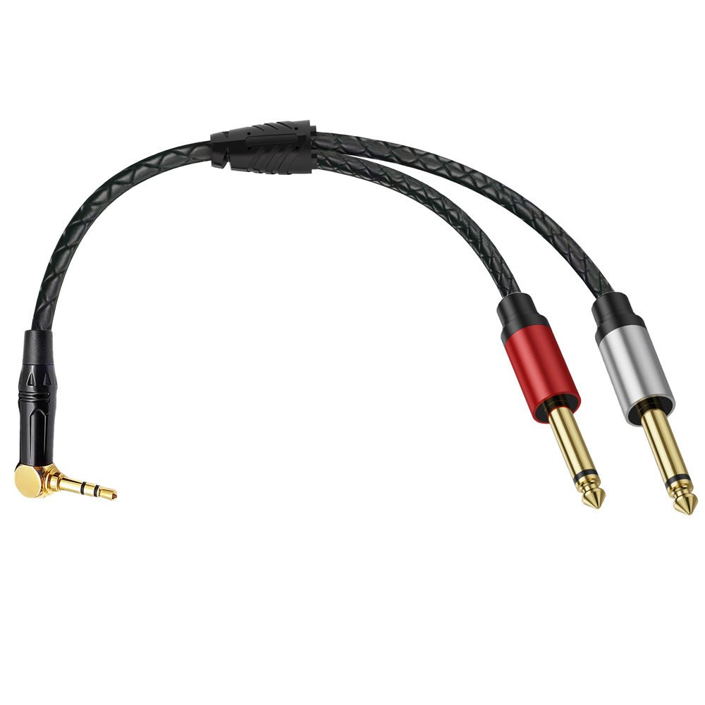 Audio cable with three different connectors on a white background