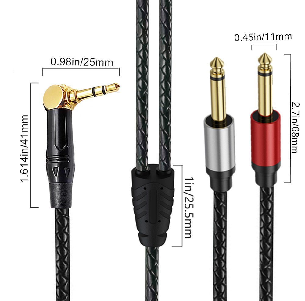 Audio cable with different connectors and measurements on a white background