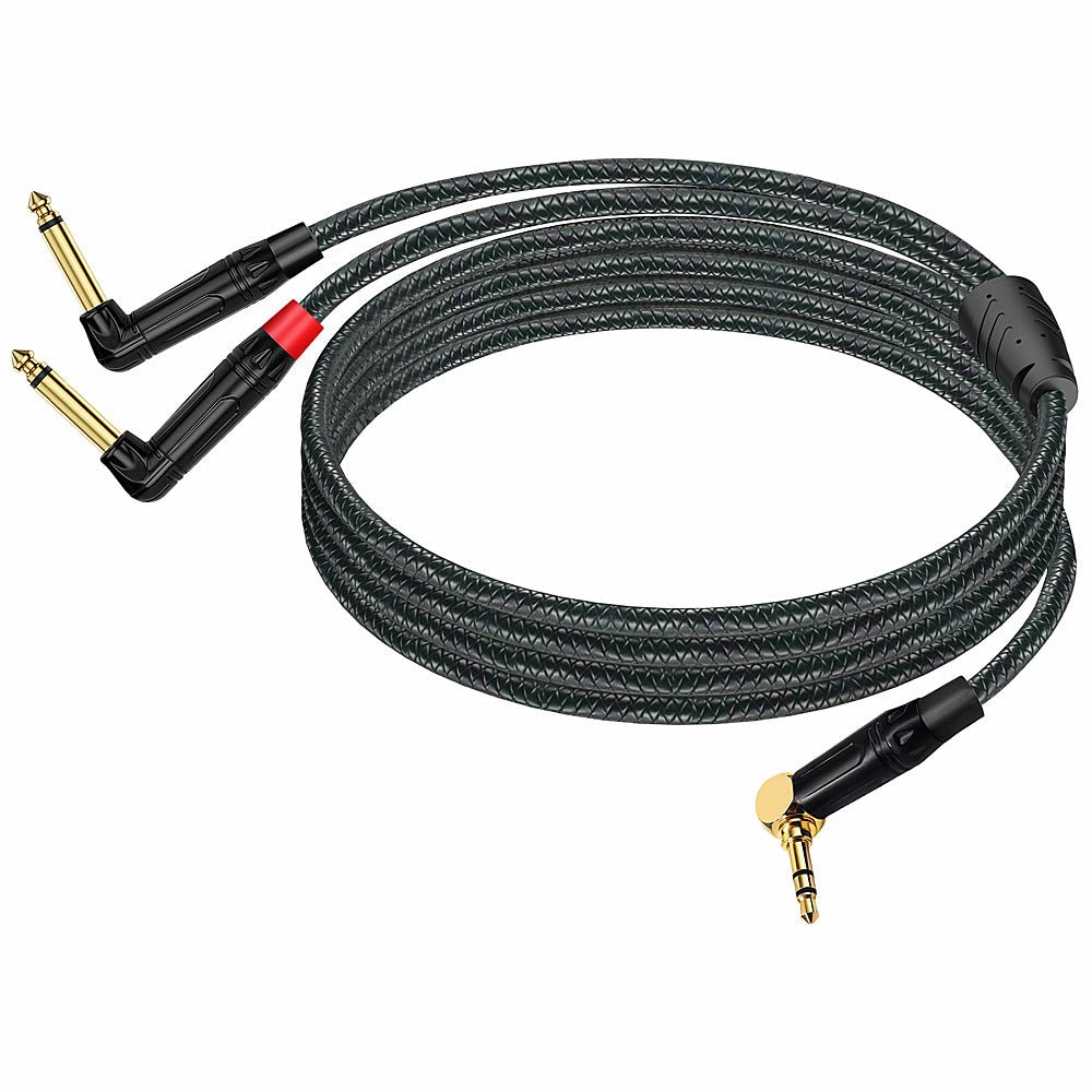 Two audio cables with braided design on a white background