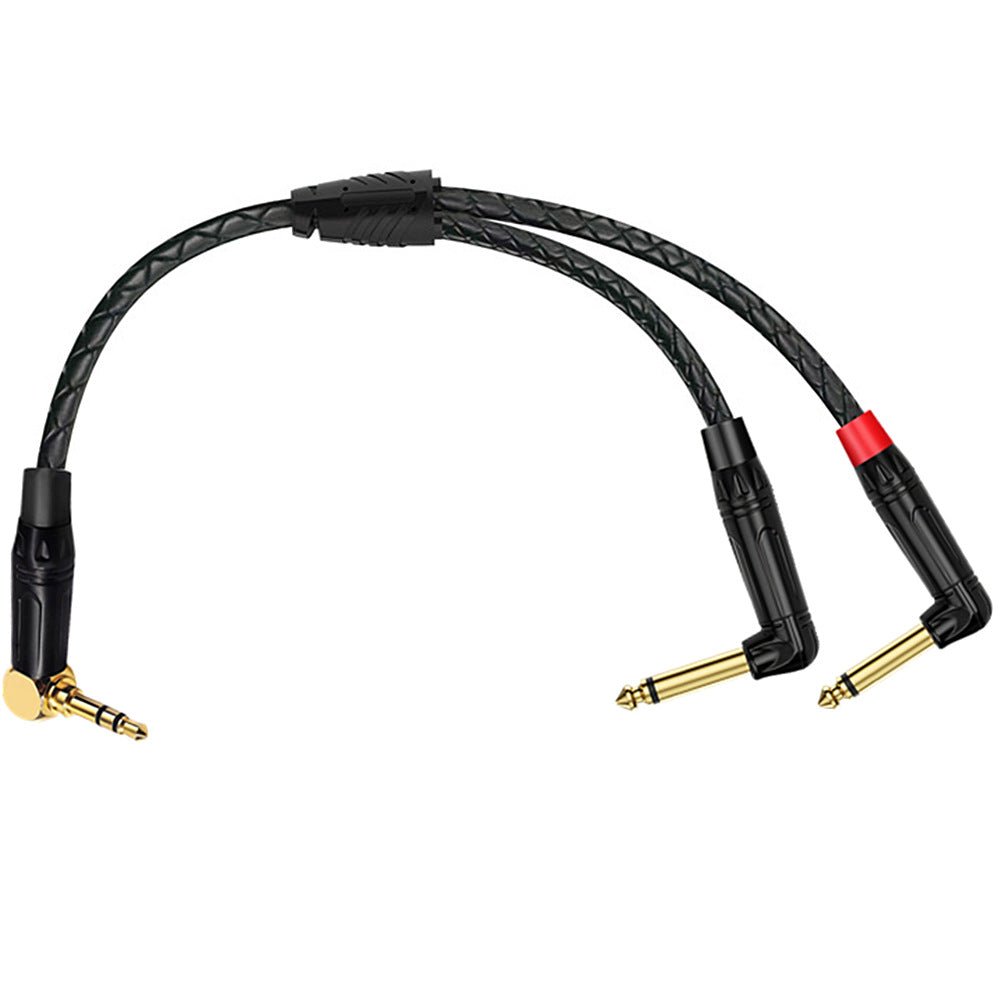 Black audio cable with gold and red connectors on a white background