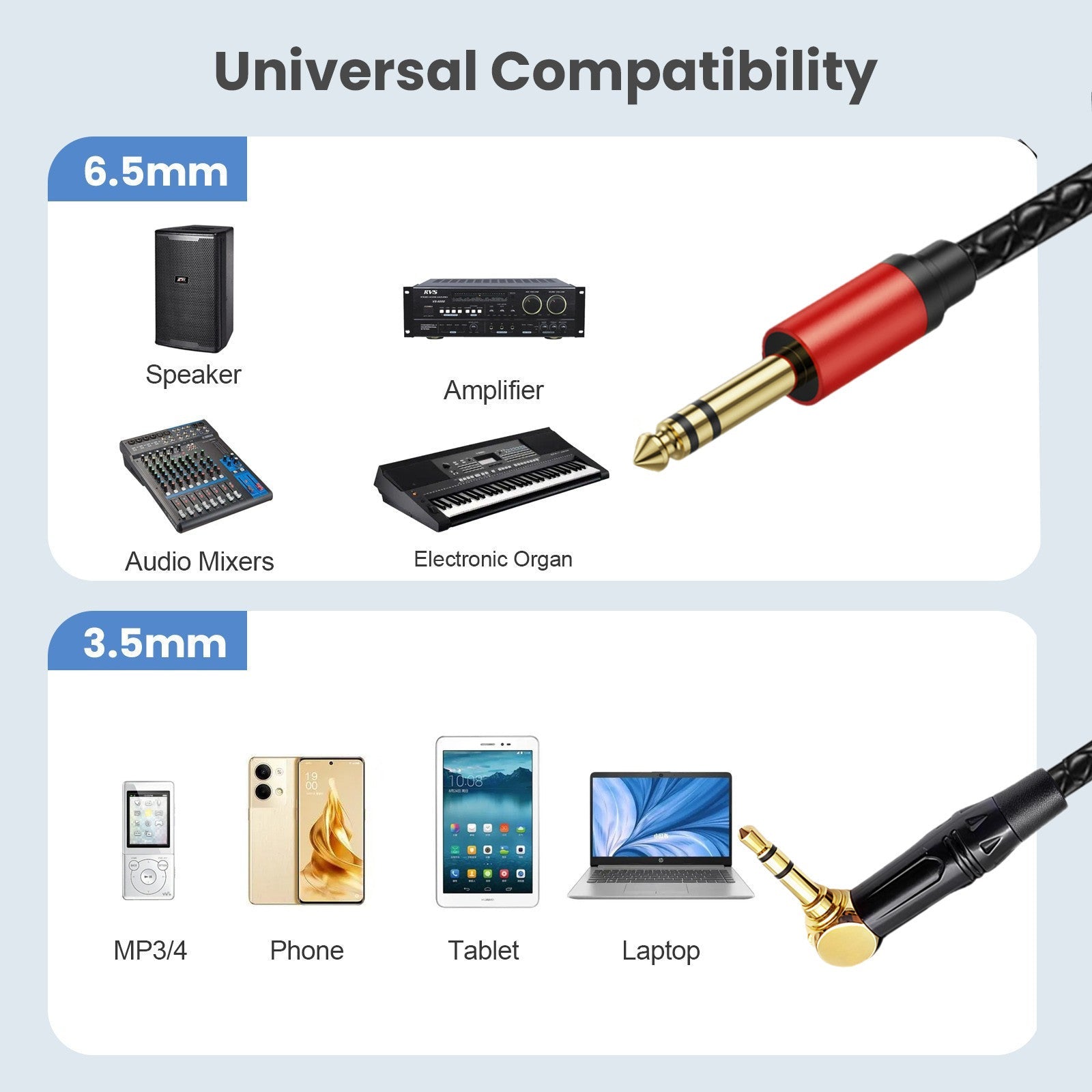 6.5mm and 3.5mm audio cable compatibility chart with electronic devices.