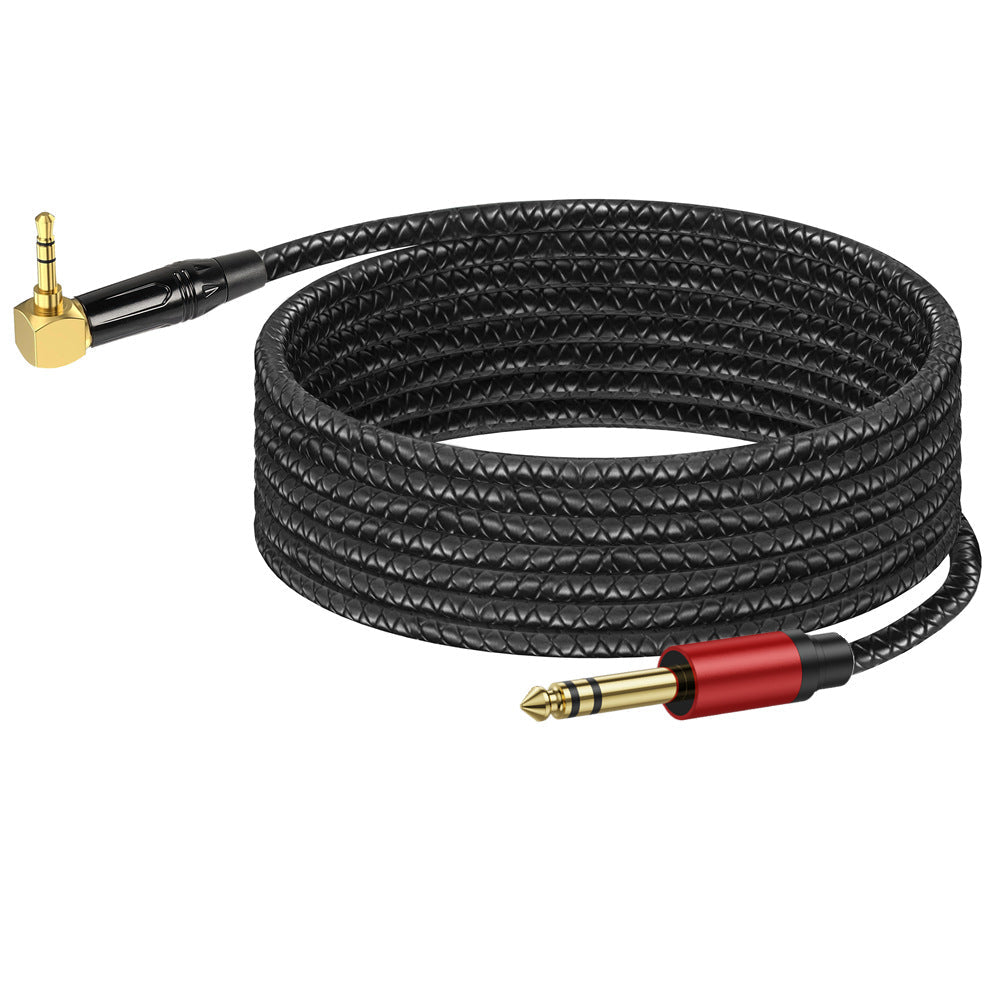 Black audio cable with gold and red connectors on a white background
