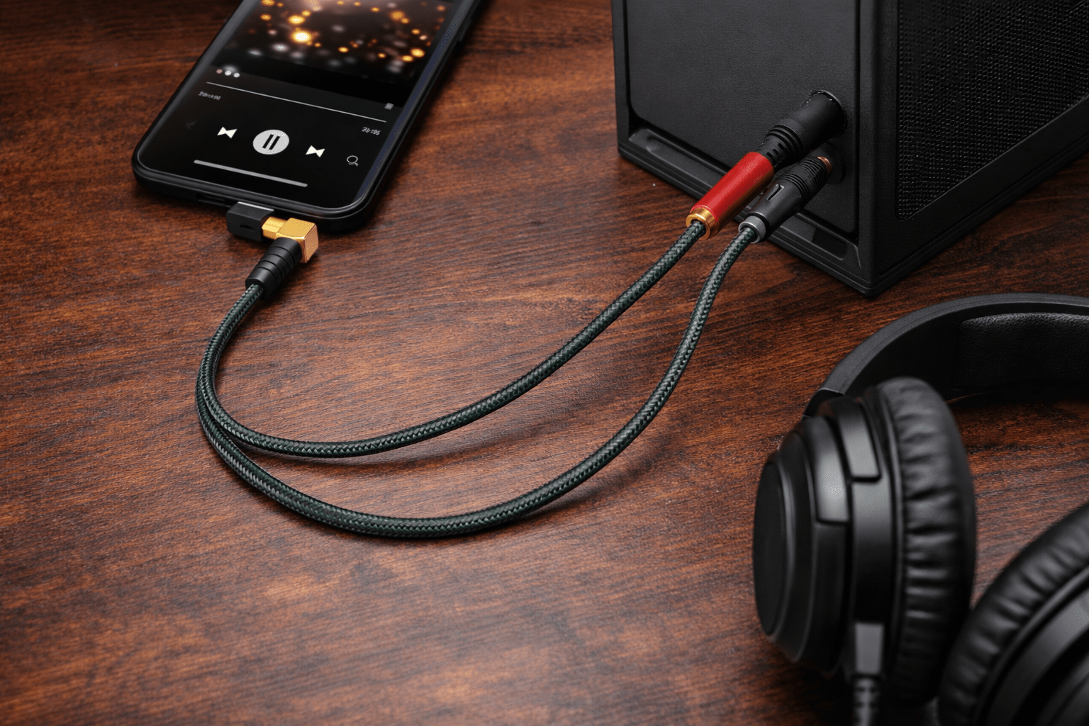 Headphones connected to a phone via a cable on a wooden surface