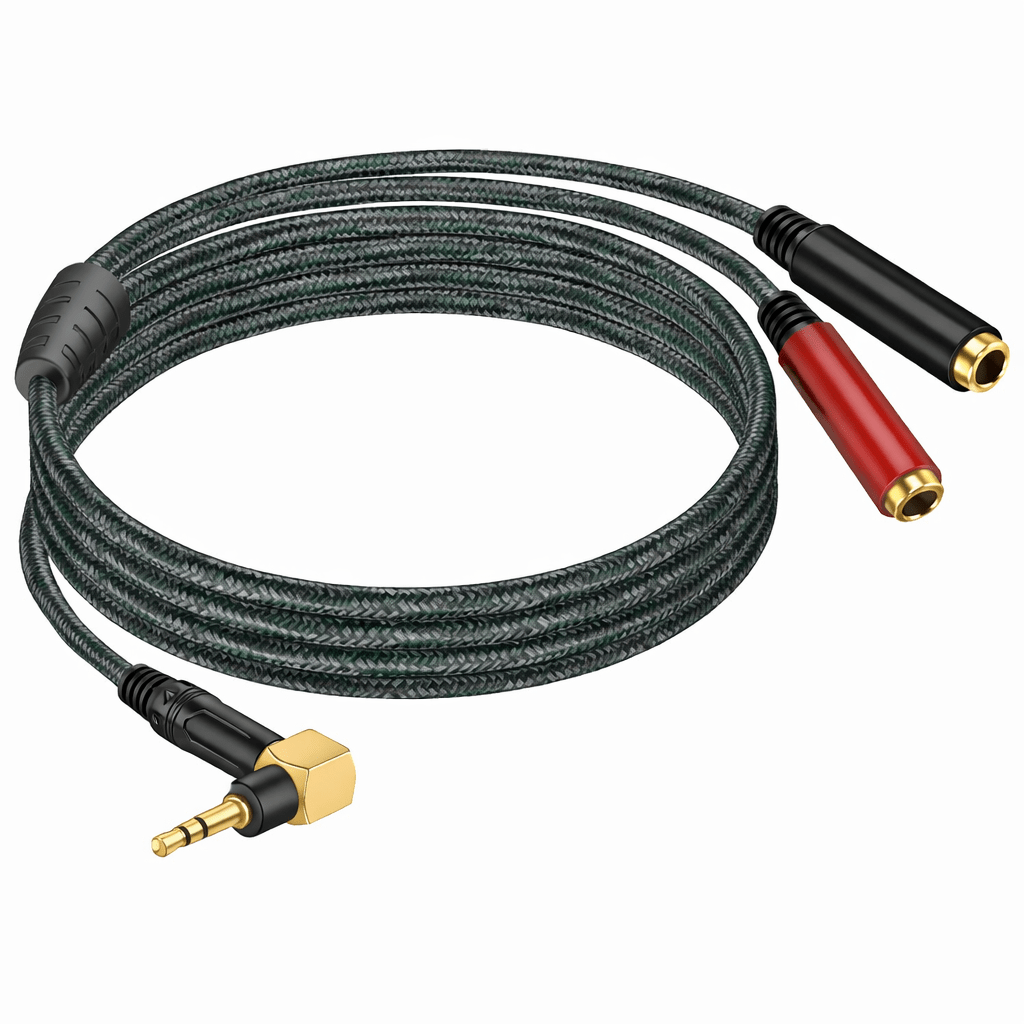 Coiled audio cable with gold, black, and red connectors on a white background