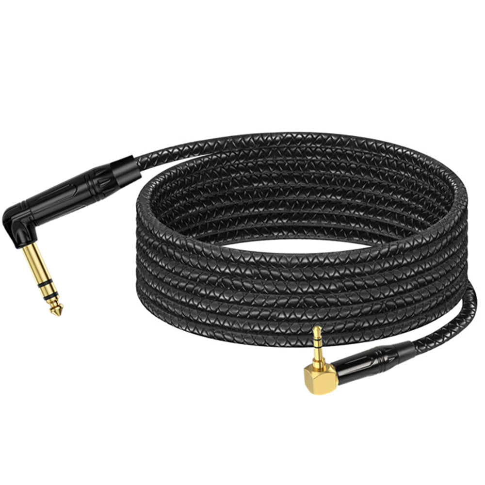 Black braided guitar cable with gold connectors on a white background