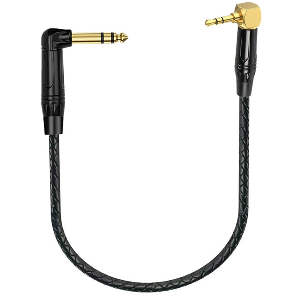 Black audio cable with gold connectors on a white background