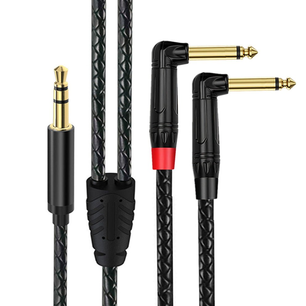 3.5mm TRS to dual 6.35mm mono Y-splitter cable angled connectors