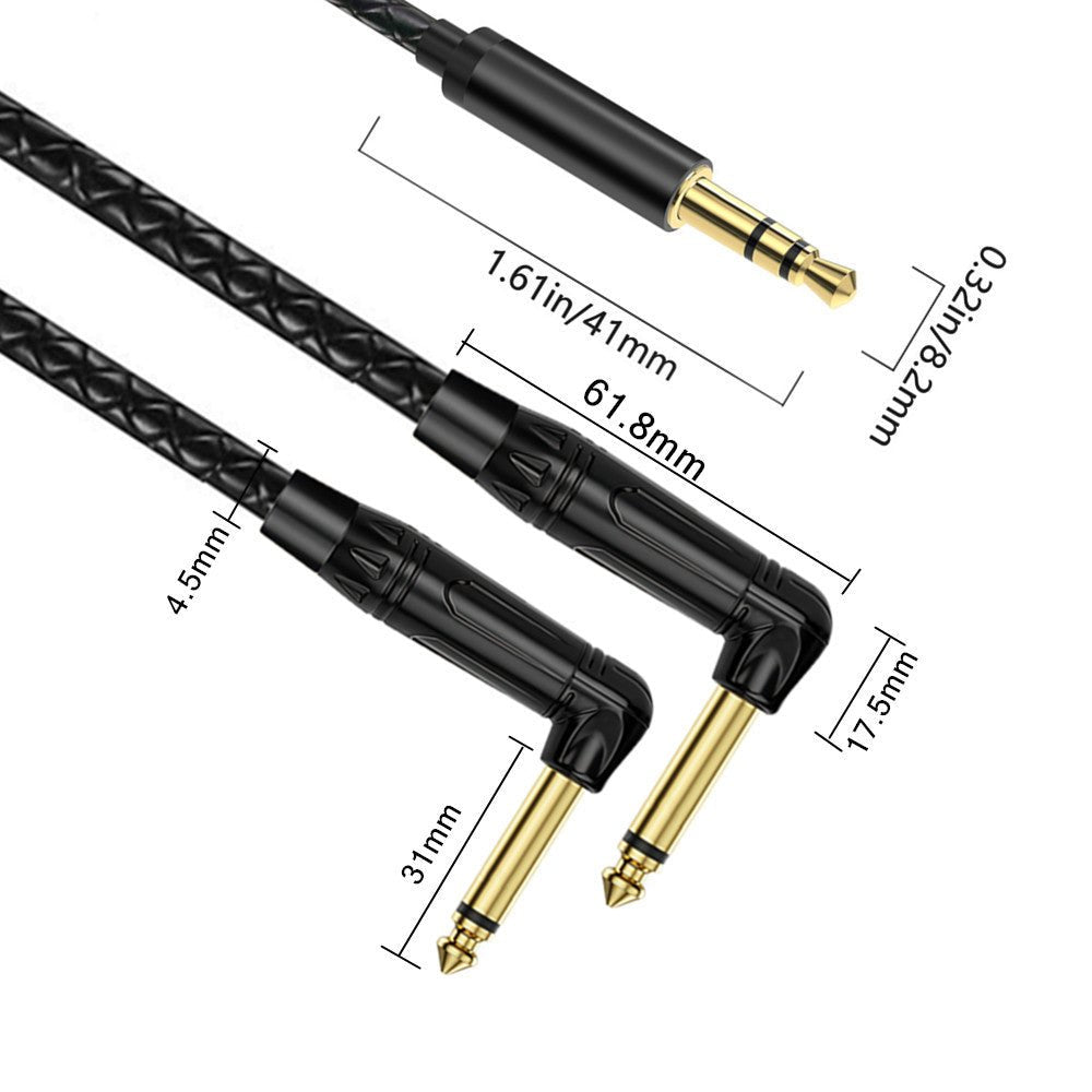 Black audio cable with gold connectors and measurements on a white background