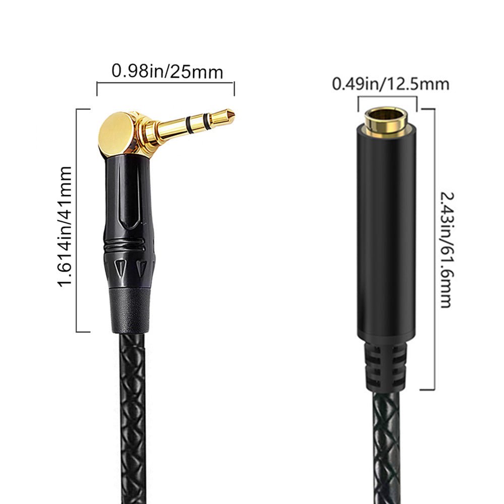 Measurement chart of audio cable with 3.5mm plug and adapter on a white background