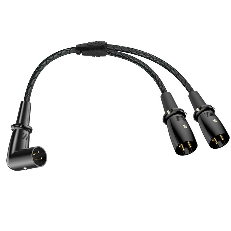 Black audio cable with three XLR connectors on a white background