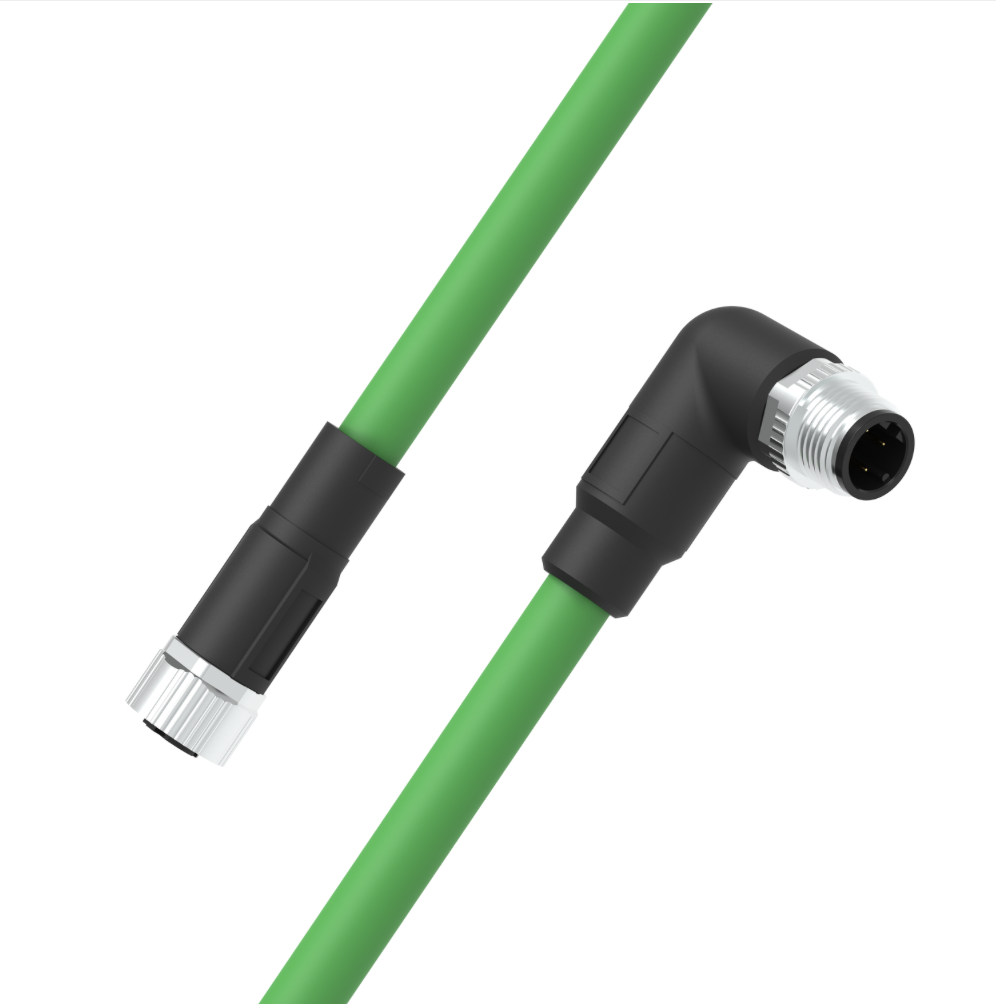 M12 D-coded male right-angle to female straight 4-pin Ethernet cable