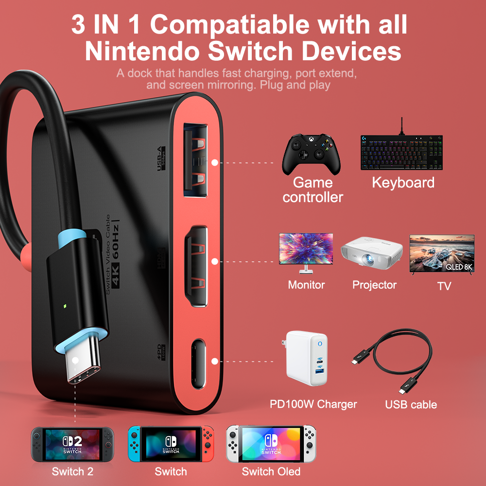 3-in-1 Switch Docking Station – 4K 60Hz UHD Screen Mirroring & Multi-Function Charging Adapter for Nintendo Switch 2 / TV