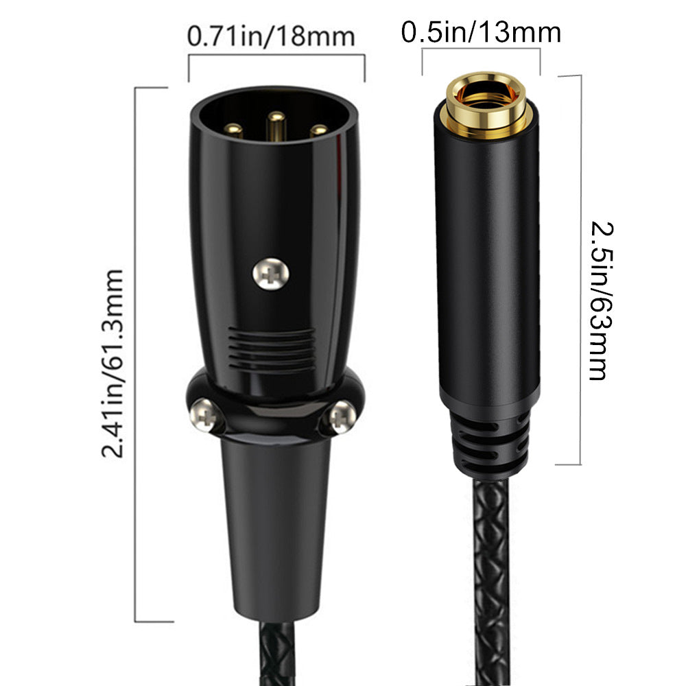 Black audio XLR connector cable with dimension labels showing plug width and overall cable length on a white background.