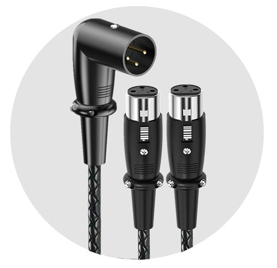 3-pin XLR Y splitter cable with 1 male to 2 female right-angle XLR connectors and braided cable