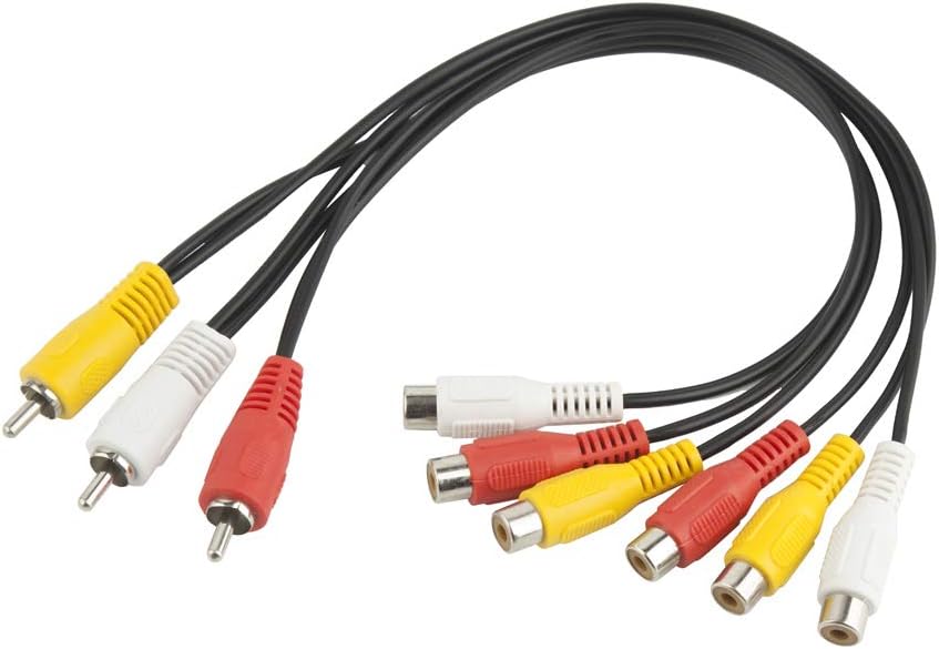 3 RCA male to 6 RCA female audio and video splitter cable showing complete connector layout