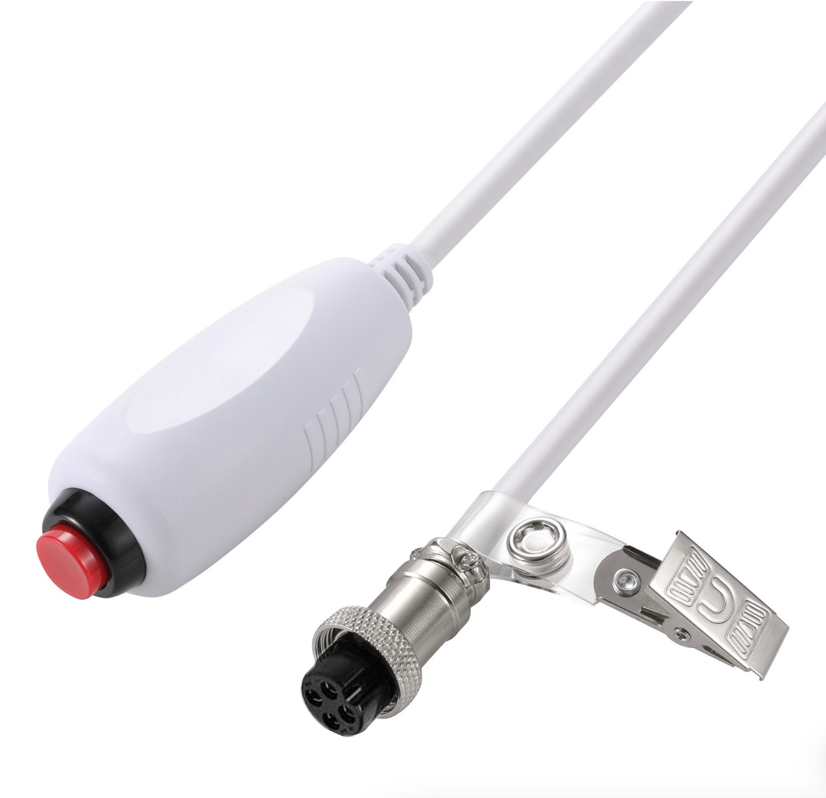 Close-up of 4 Pin M12 connector, emergency push button and clip on replacement nurse call cord