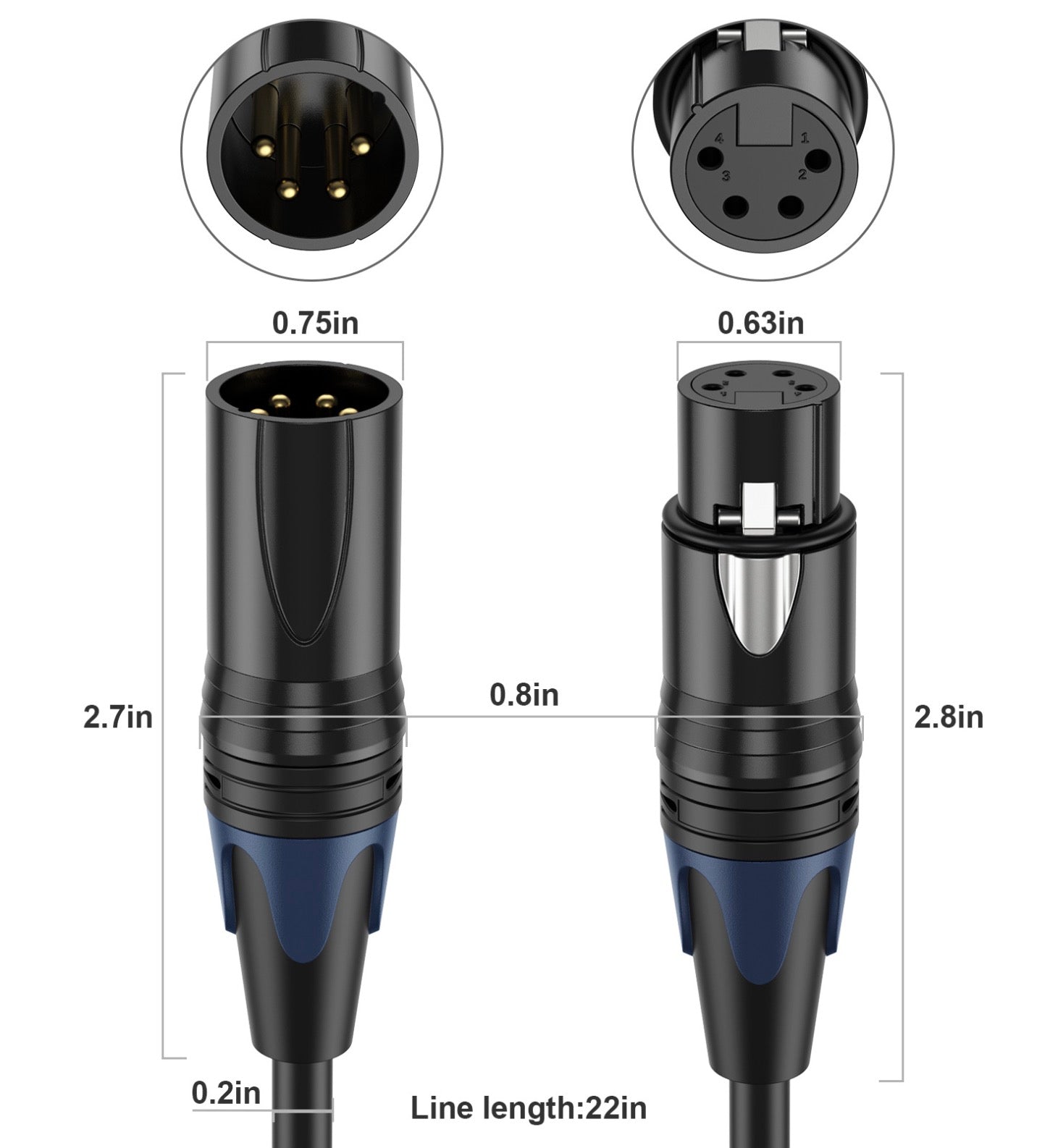 4 pin XLR male and female connectors showing connector design and construction