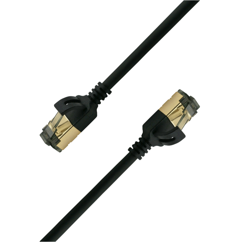 Black Ethernet cable with gold connectors on a white background