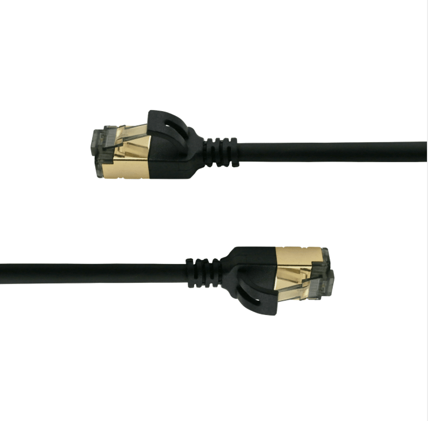Black Ethernet cable with gold connectors on a white background