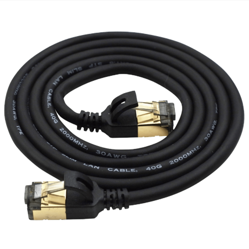 Black Ethernet cable with gold connectors on a white background