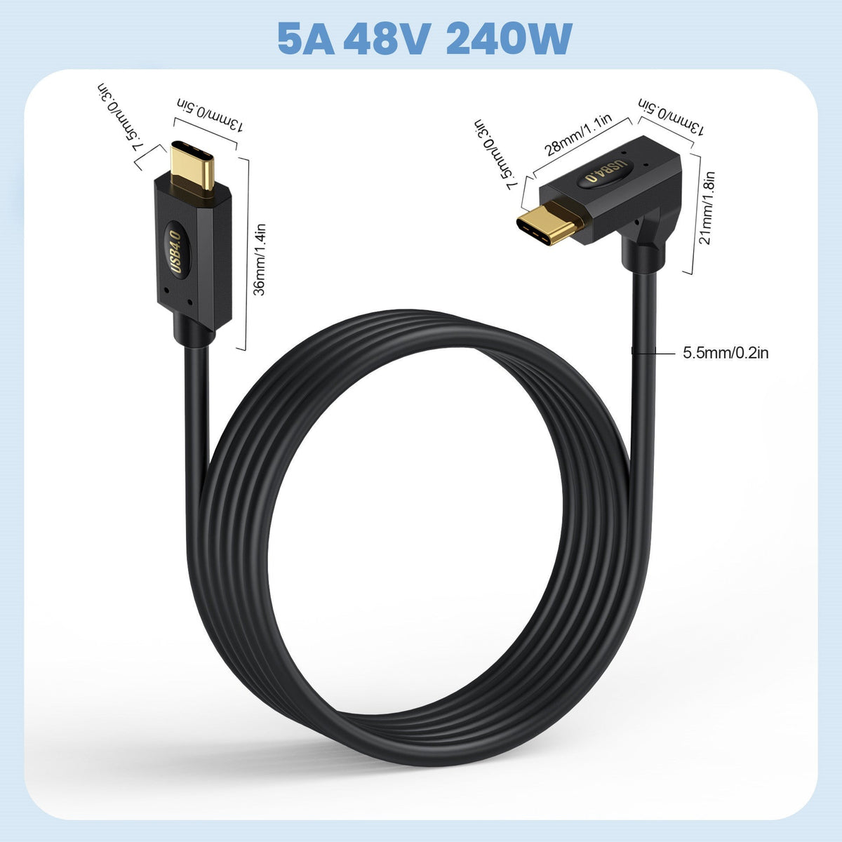 USB4 angled cable supporting 40Gbps data transfer and 8K video