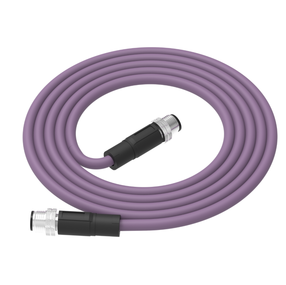 Coiled purple cable with black connectors on a white background