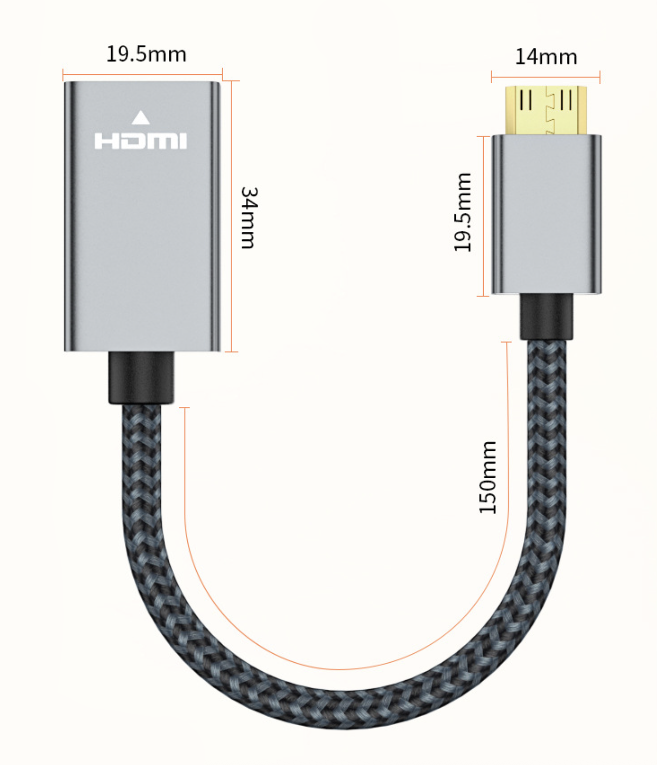 HDMI to micro USB cable with dimensions labeled on a white background