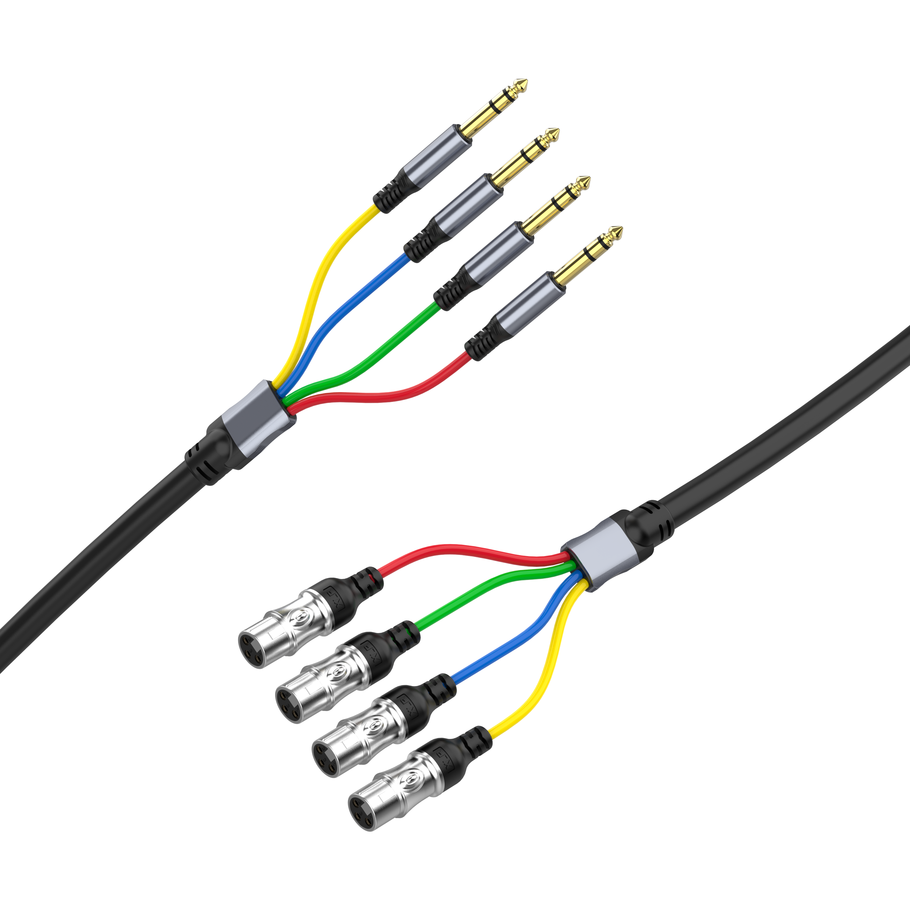 4 channel 6.35mm 1/4 inch TRS male to XLR female snake cable with colour coded fan out for live sound and studio audio routing