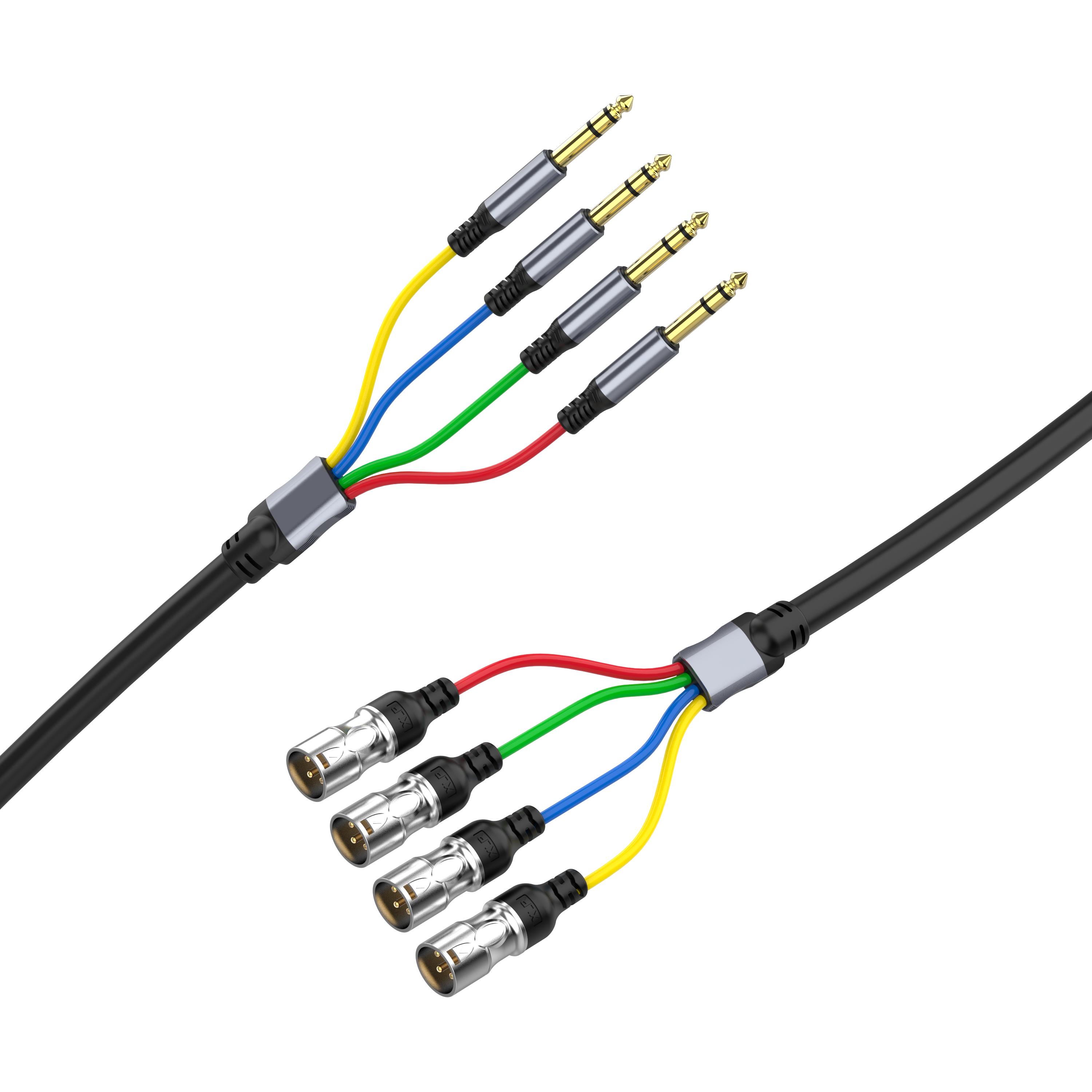 4 channel 1/4 inch TRS to XLR male snake cable with colour coded fan out for live sound and studio audio routing