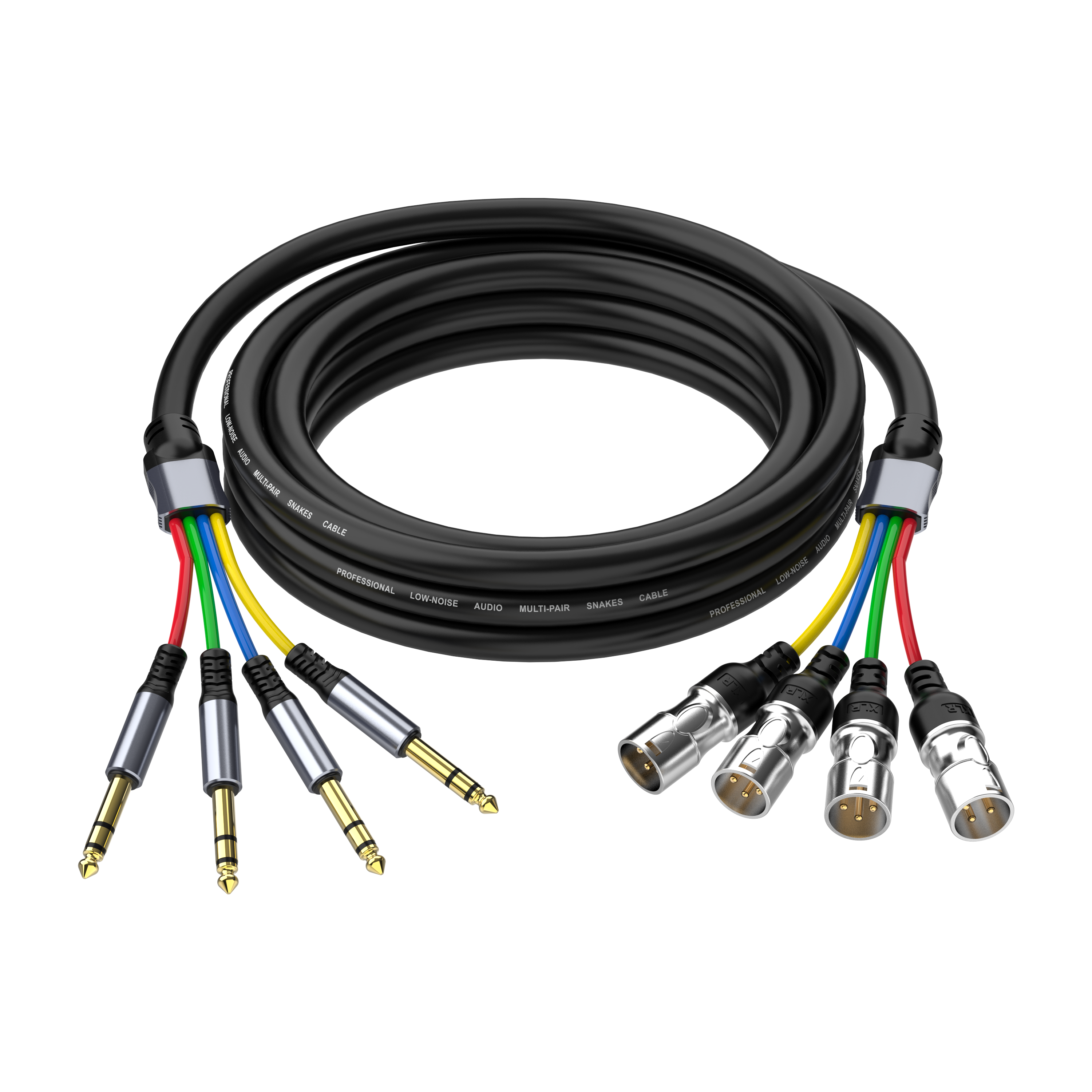 4 channel 1/4 inch TRS to XLR male snake cable with colour coded fan out for live sound and studio audio routing